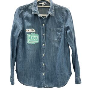 Old Navy Denim Classic Button Up Shirt Swiftie Mama Patches Soft Jean Casual